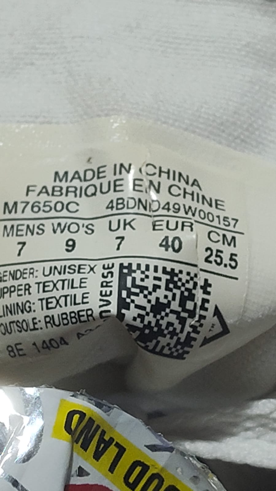 Converse Chuck Taylor High Top White – Size tag