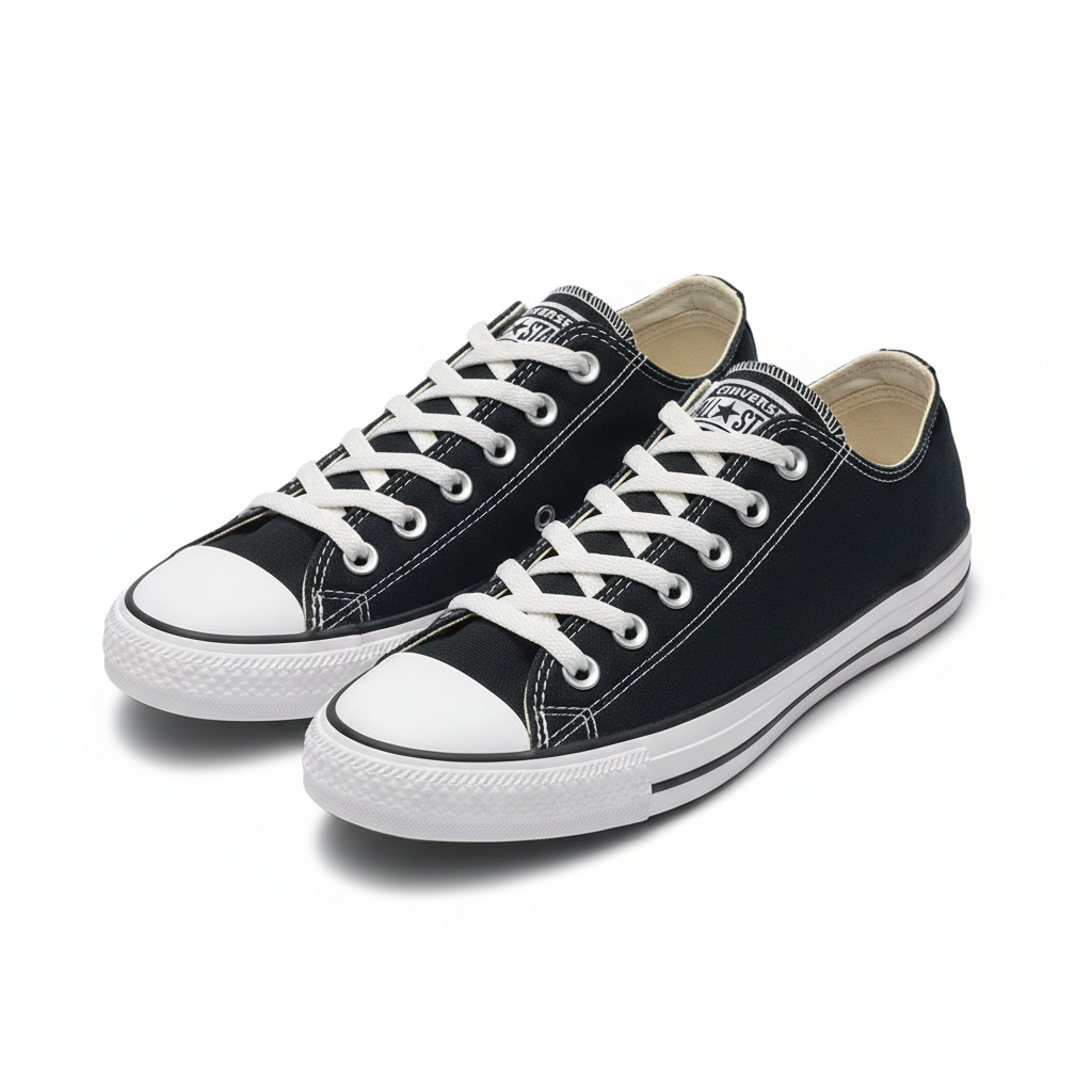 Black Converse Chuck Taylor low-top sneakers in a front side angle on white background