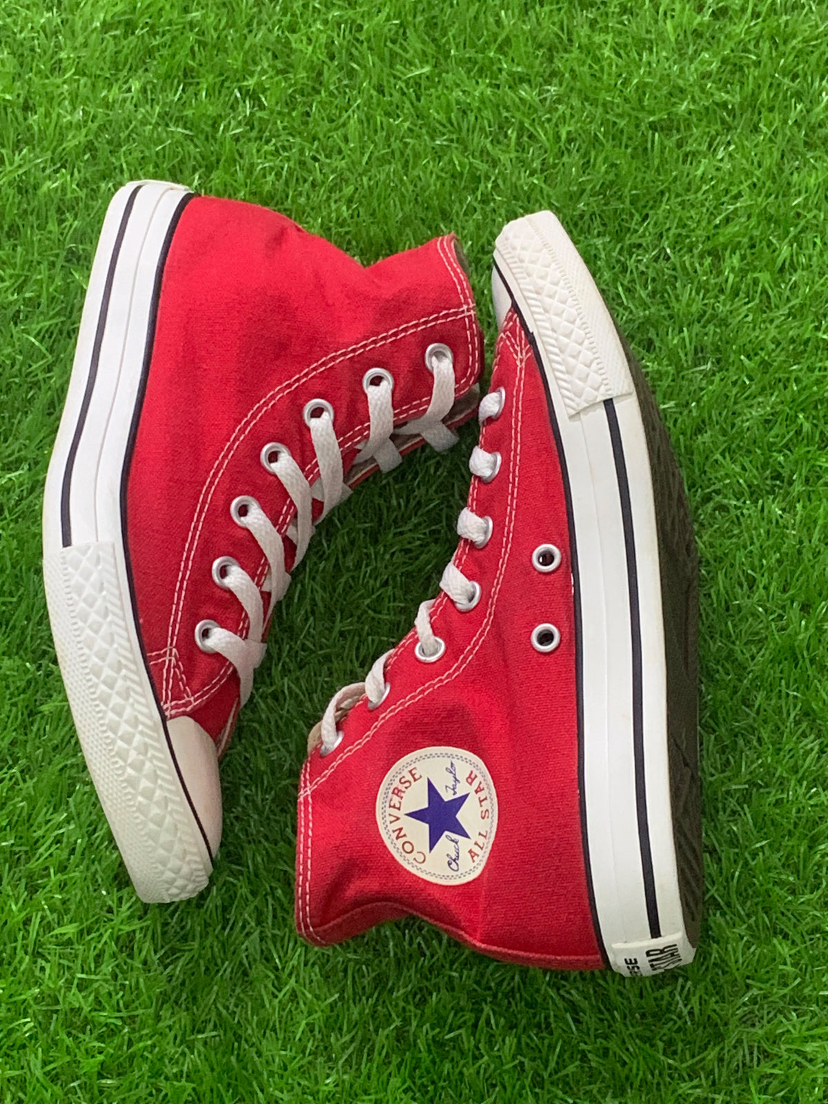 Converse red youth high-top opposite side view