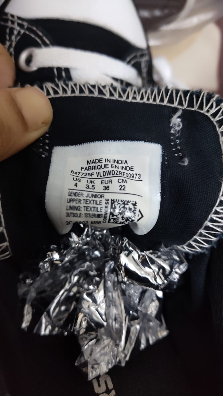 Converse junior EU 36 size label made in India